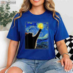 Starry Night Black Cat T-Shirt - Van Gogh Artistic Cat Lover Painting Gift