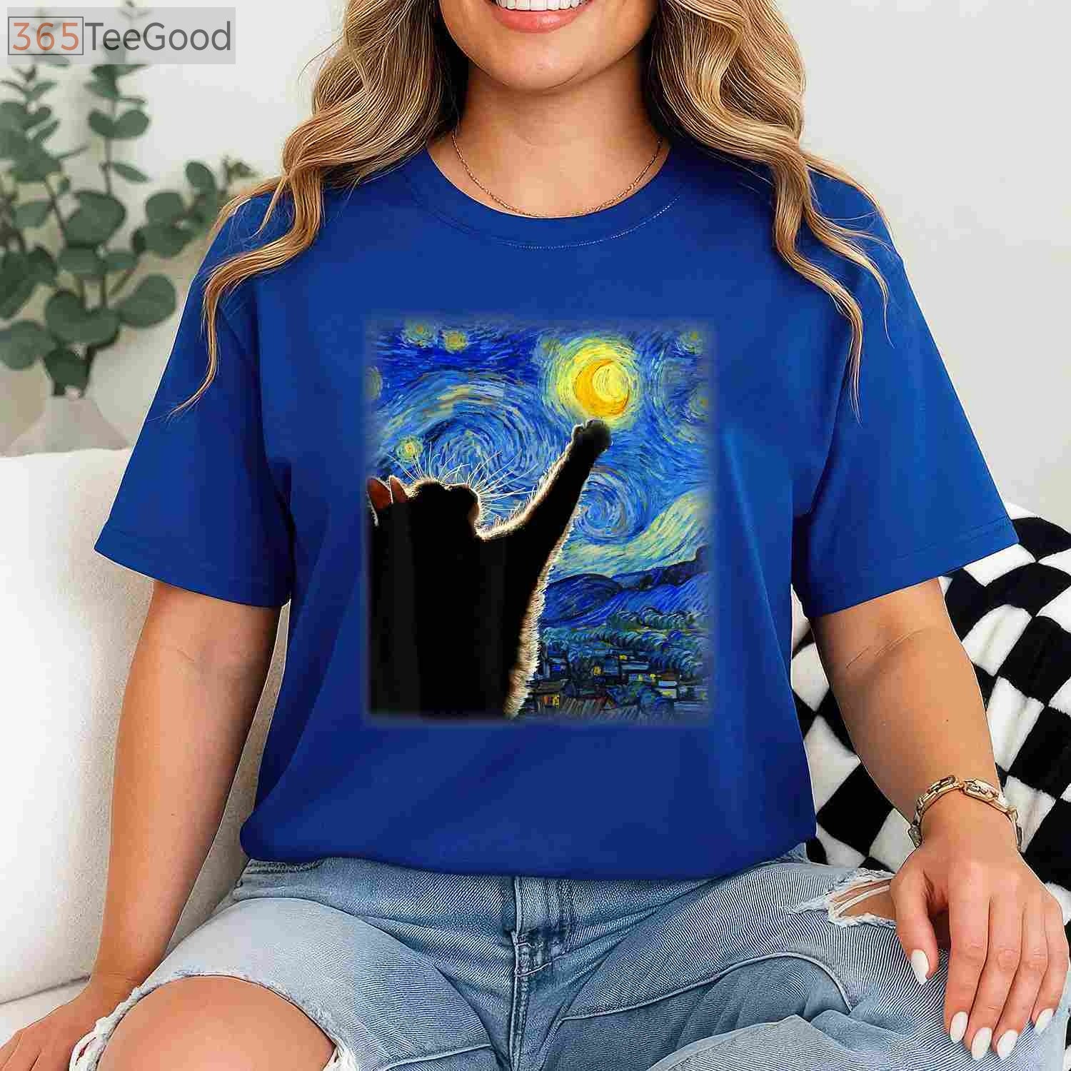 Starry Night Black Cat T-Shirt - Van Gogh Artistic Cat Lover Painting Gift