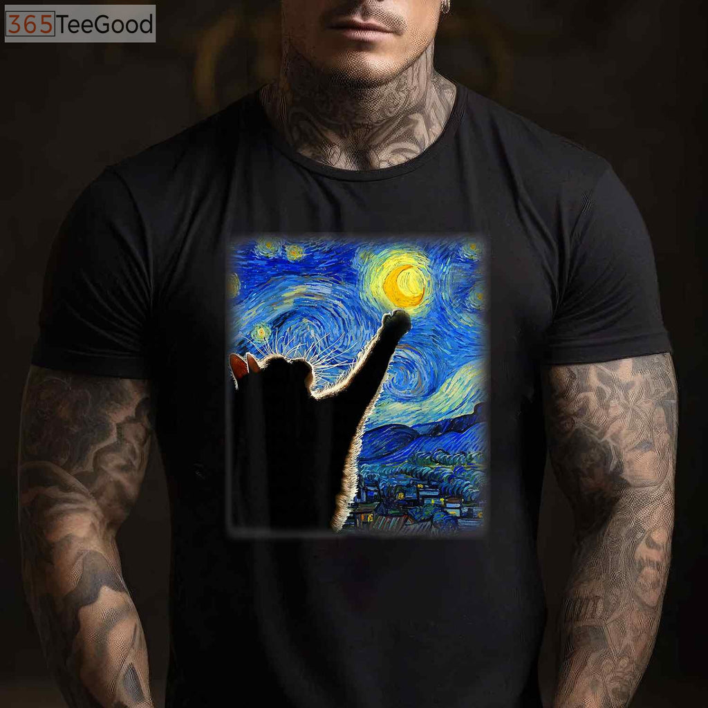 Starry Night Black Cat T-Shirt - Van Gogh Artistic Cat Lover Painting Gift