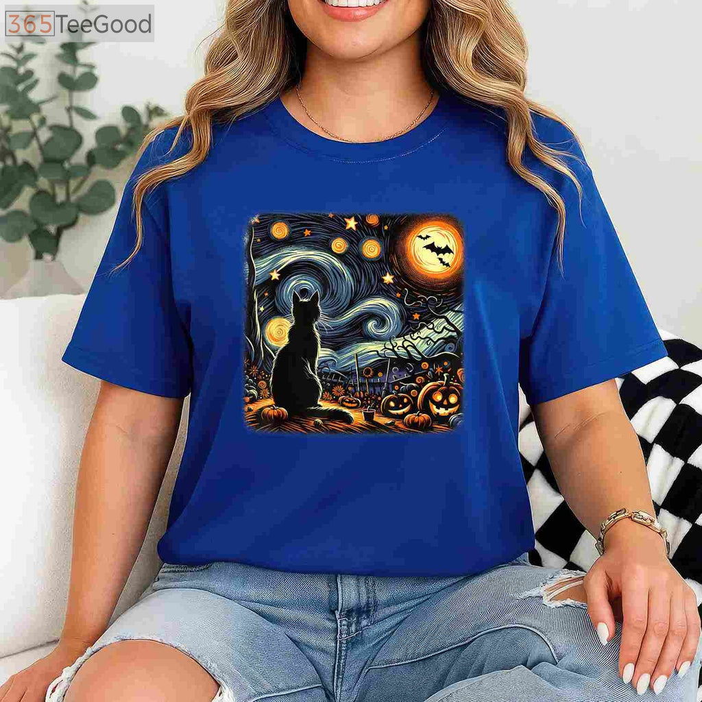 Starry Night Black Cat T-Shirt - Van Gogh Artistic Halloween Cat Lover Gift