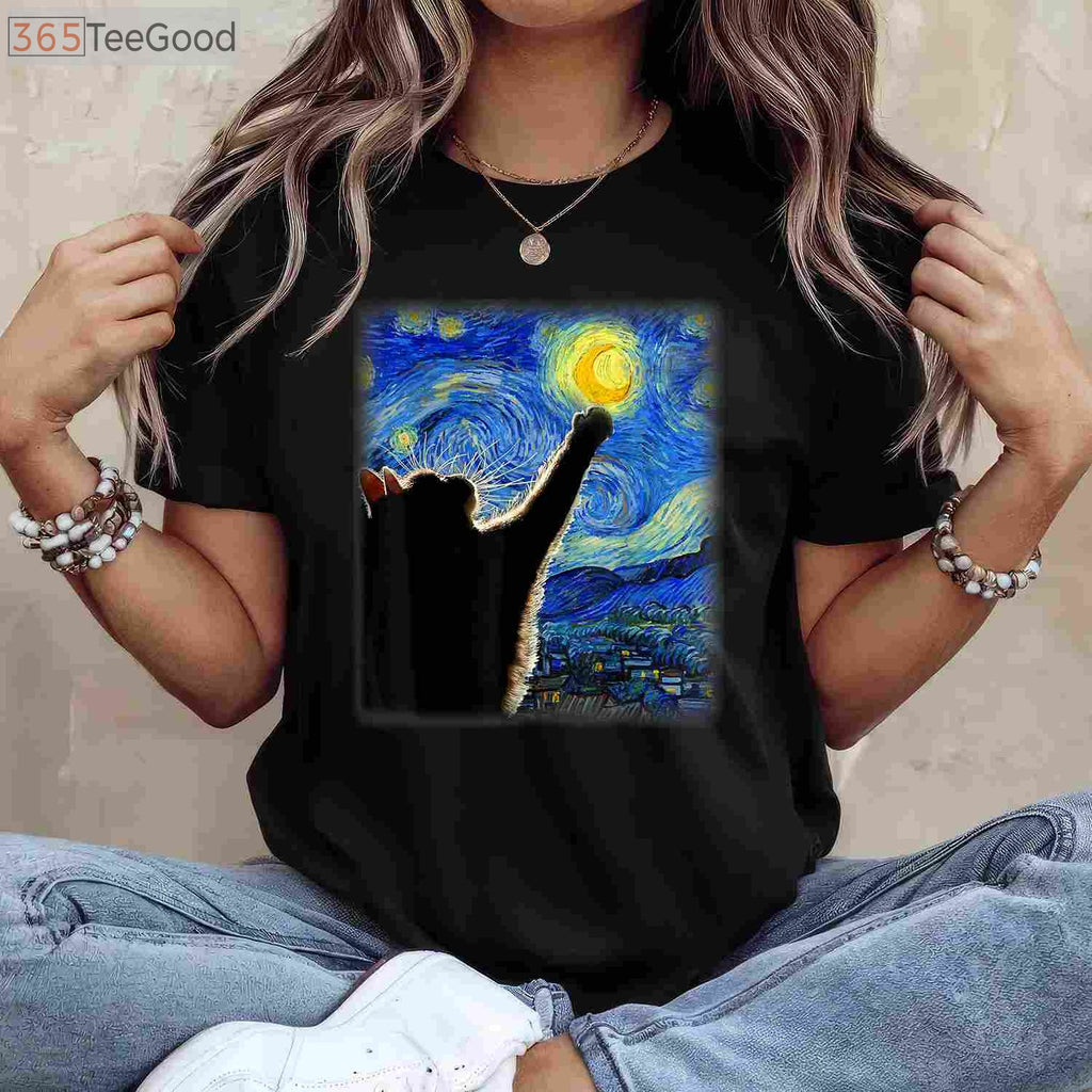 Starry Night Black Cat T-Shirt - Van Gogh Artistic Cat Lover Painting Gift