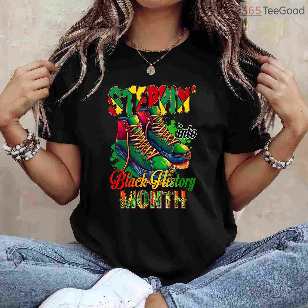 Stepping Into Black History Month Black Sneakers T-Shirt African American Kicks Shirt