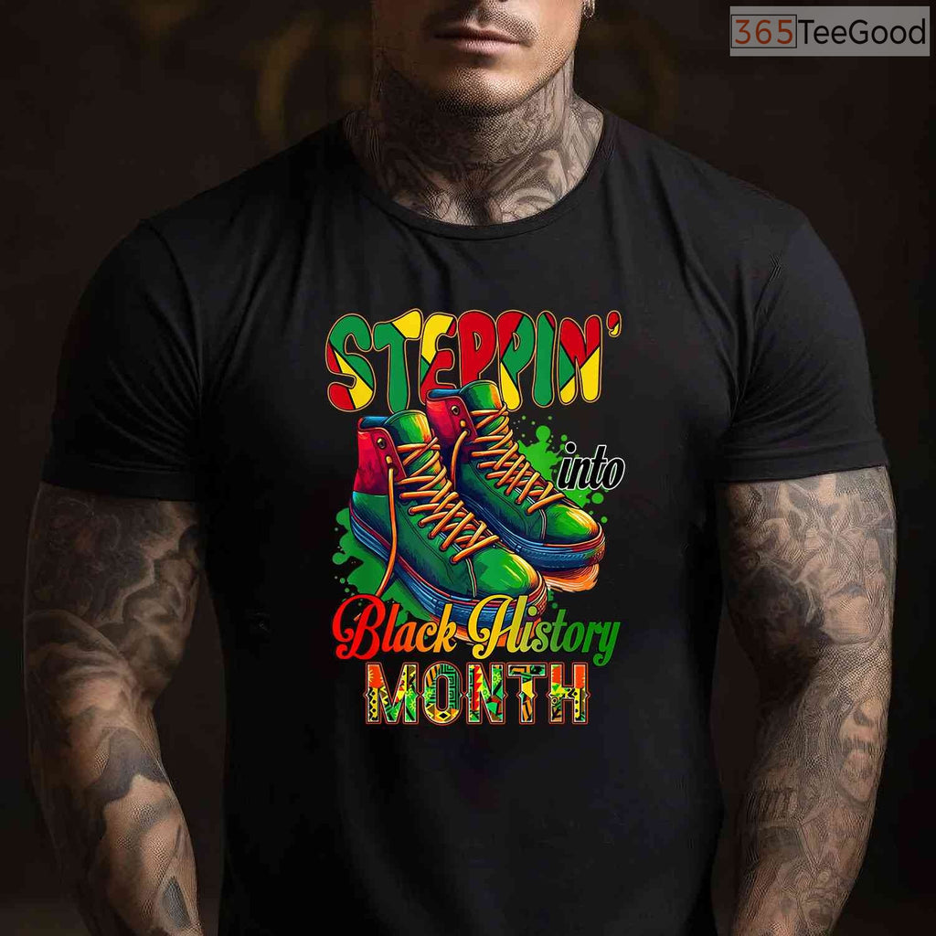 Stepping Into Black History Month Black Sneakers T-Shirt African American Kicks Shirt