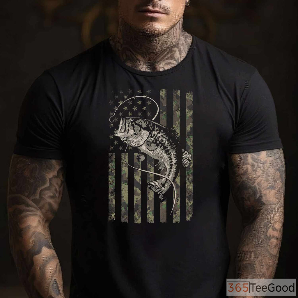 Tactical Camouflage American Flag Bass Fishing Shirt - Rugged Outdoor Apparel