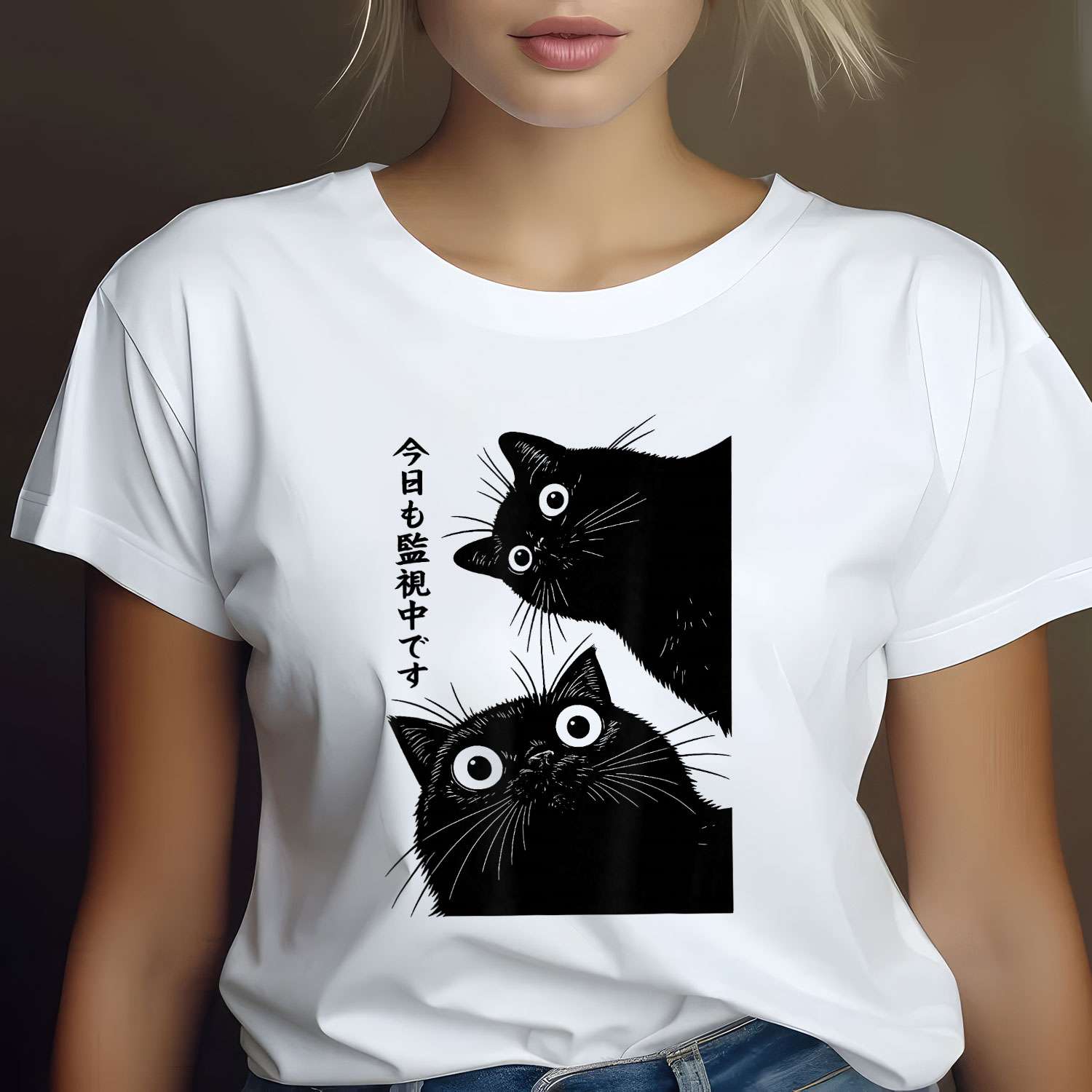 The Cat Is Watching Today Funny Japanese Black Cat Tee Graphic T-Shirt for Men Women Unisex Adults