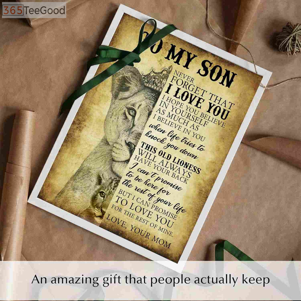 To My Son Never Forget I Love You Poster – Lioness Canvas Motivational Wall Art for Boy Room