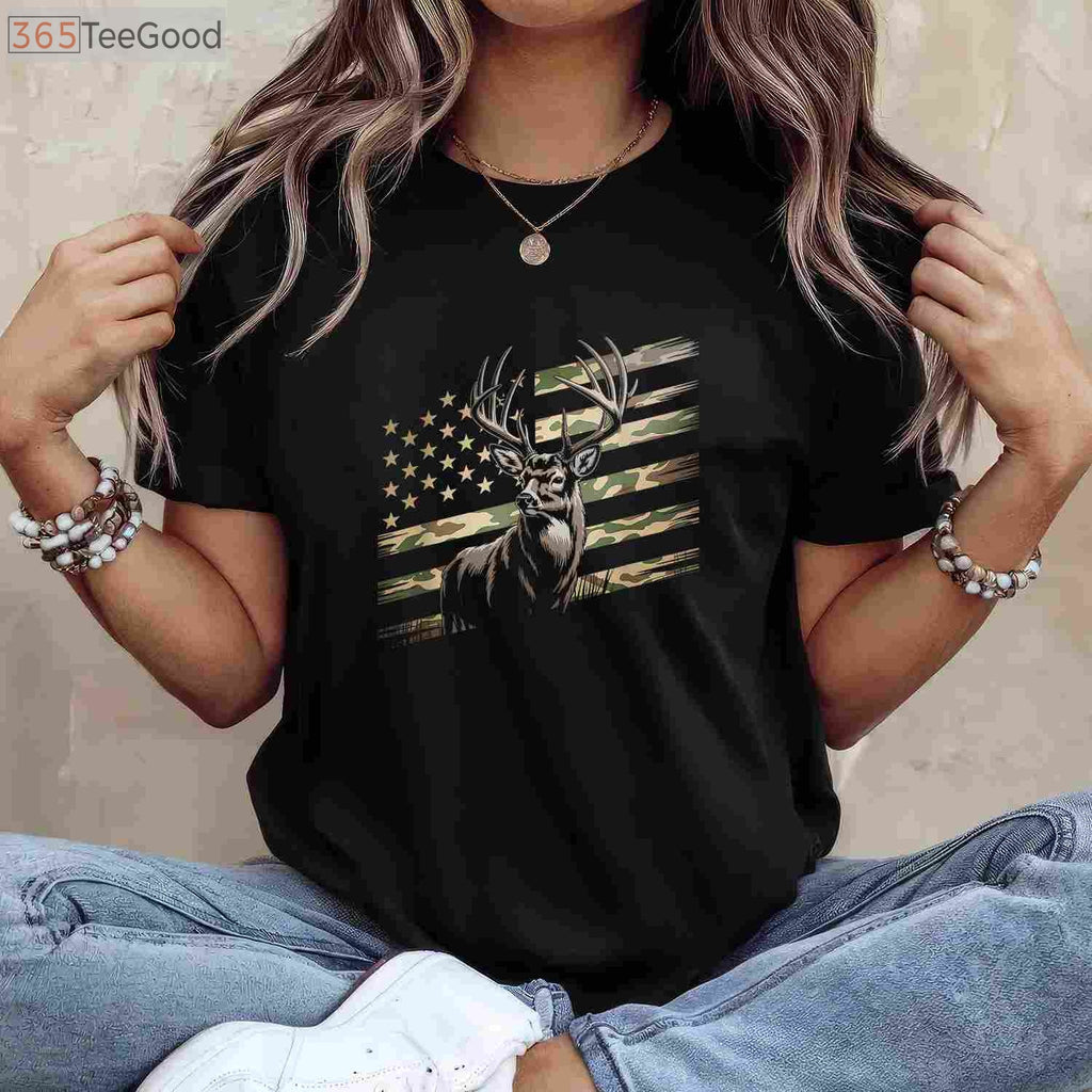 USA Flag Whitetail Buck Camo Deer Hunting T-Shirt, Patriotic Hunter Apparel