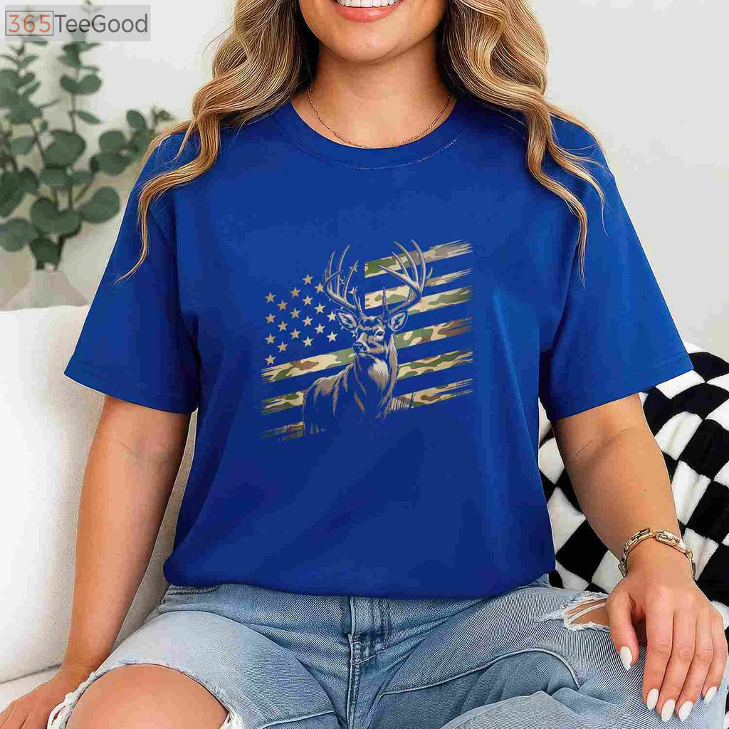 USA Flag Whitetail Buck Camo Deer Hunting T-Shirt, Patriotic Hunter Apparel