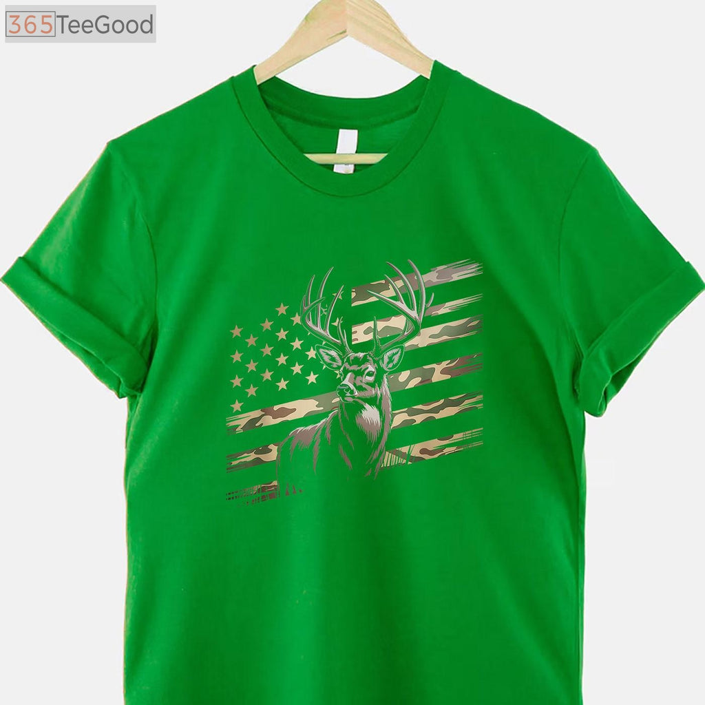 USA Flag Whitetail Buck Camo Deer Hunting T-Shirt, Patriotic Hunter Apparel