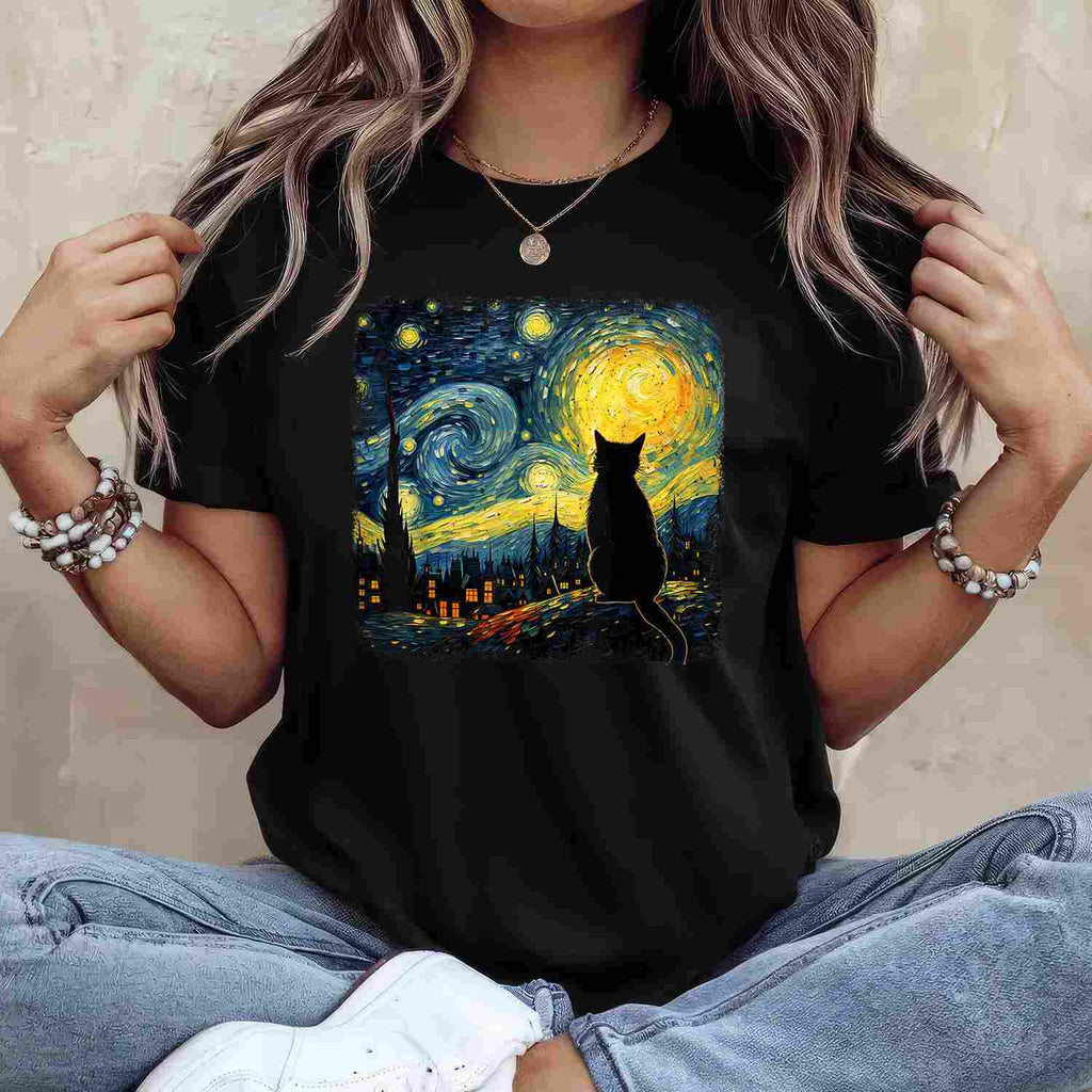 Van Gogh Starry Night Cat Art Gift Tee T-Shirt for Cat Lover Adults Unisex