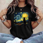 Van Gogh Starry Night Cat Art Gift Tee T-Shirt for Cat Lover Adults Unisex