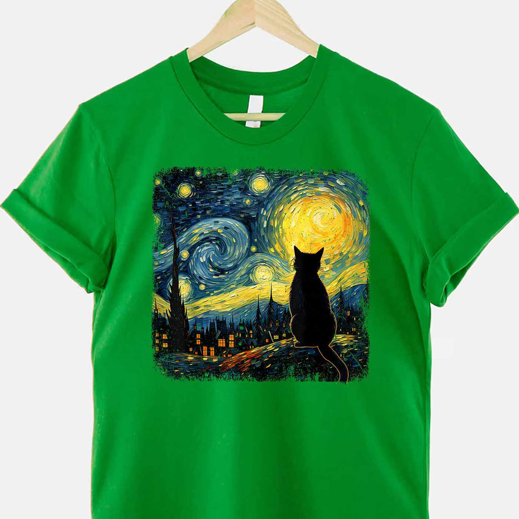 Van Gogh Starry Night Cat Art Gift Tee T-Shirt for Cat Lover Adults Unisex