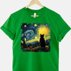 Van Gogh Starry Night Cat Art Gift Tee T-Shirt for Cat Lover Adults Unisex