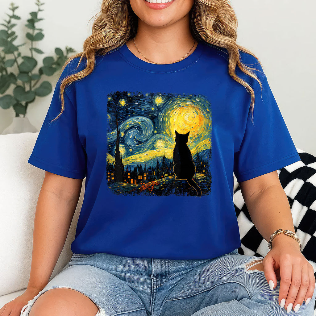 Van Gogh Starry Night Cat Art Gift Tee T-Shirt for Cat Lover Adults Unisex