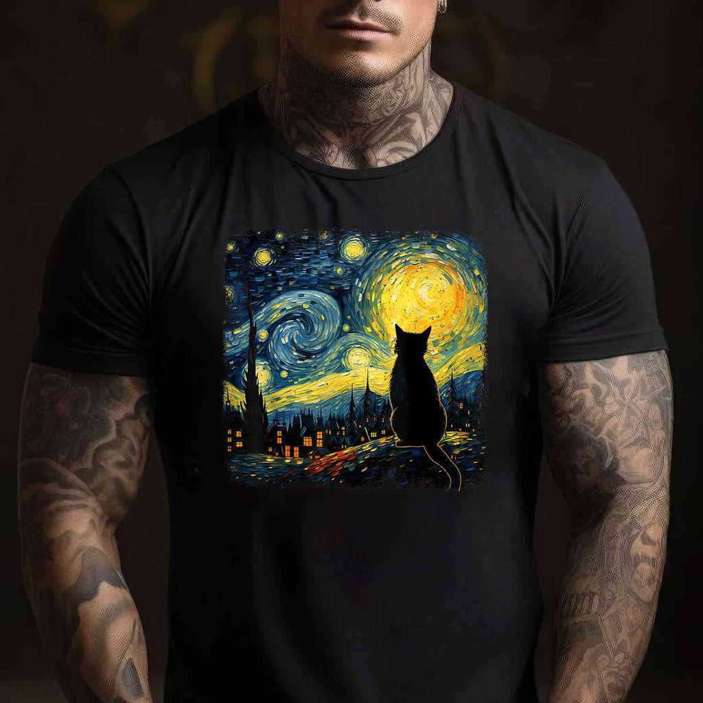 Van Gogh Starry Night Cat Art Gift Tee T-Shirt for Cat Lover Adults Unisex