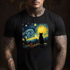 Van Gogh Starry Night Cat Art Gift Tee T-Shirt for Cat Lover Adults Unisex