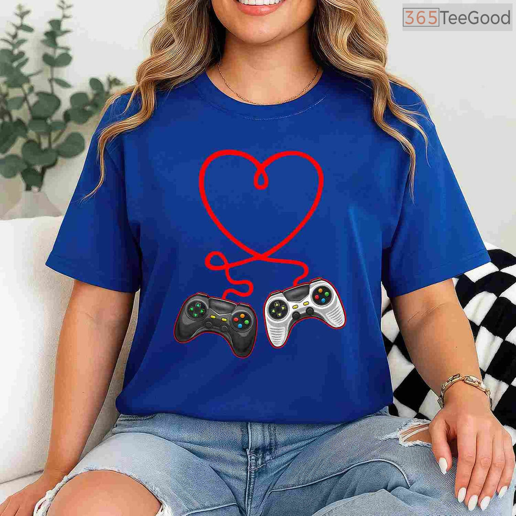 Video Gamer Valentine's Day T-Shirt with Controllers, Gaming Heart Pulse Multiplayer Shirt for Him