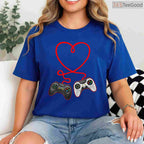 Video Gamer Valentine's Day T-Shirt with Controllers, Gaming Heart Pulse Multiplayer Shirt for Him