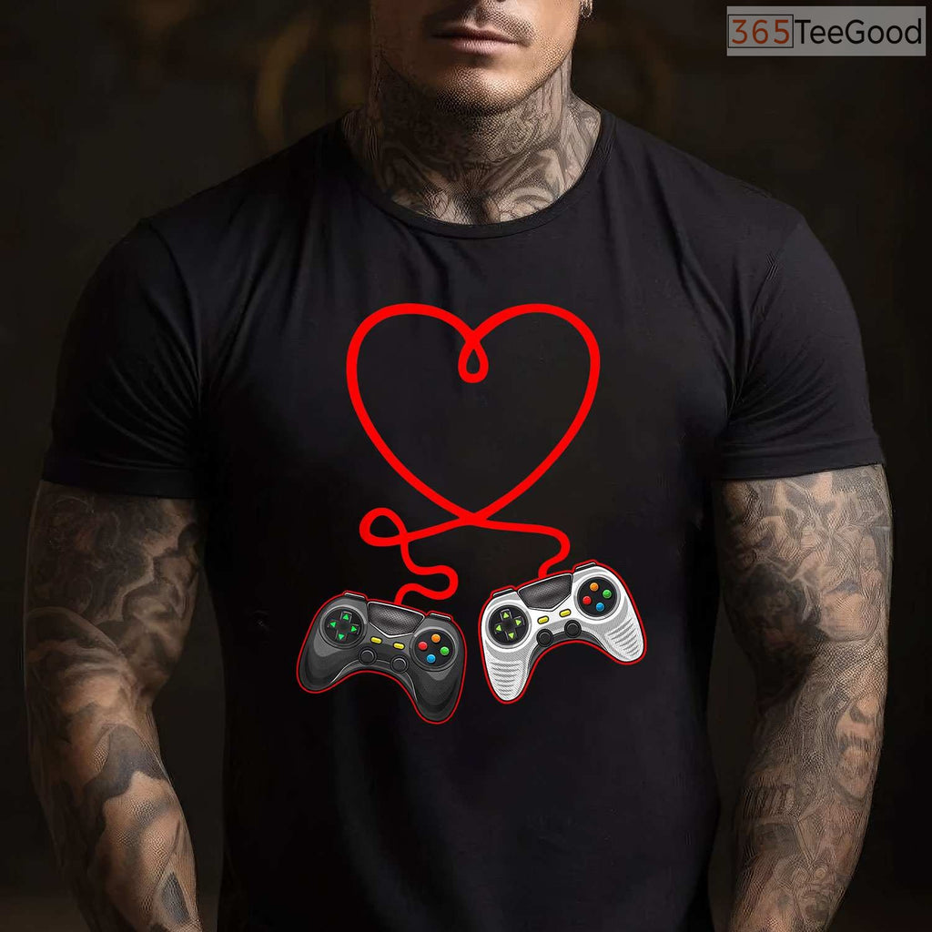 Video Gamer Valentine's Day T-Shirt with Controllers, Gaming Heart Pulse Multiplayer Shirt for Him