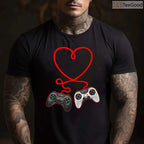 Video Gamer Valentine's Day T-Shirt with Controllers, Gaming Heart Pulse Multiplayer Shirt for Him