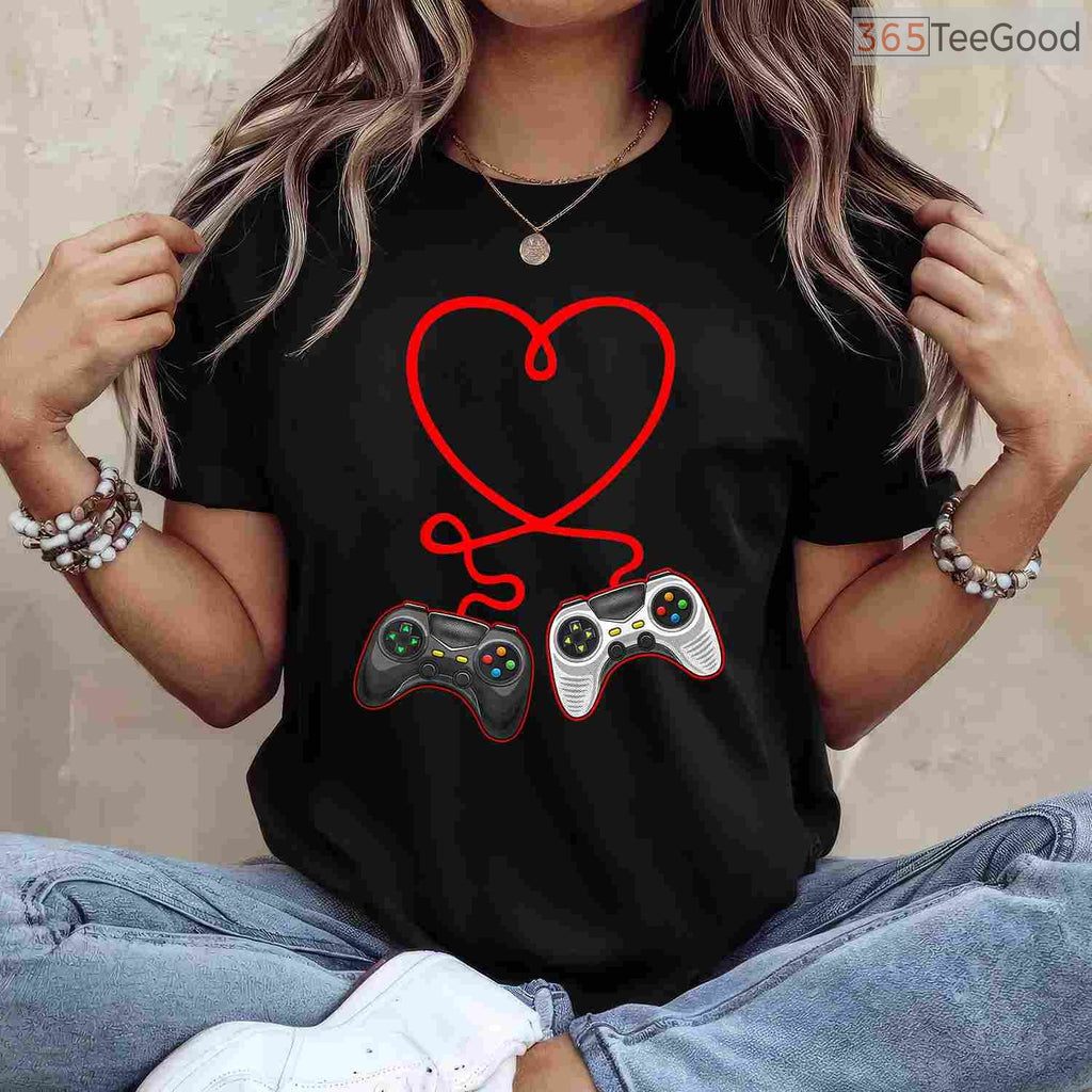 Video Gamer Valentine's Day T-Shirt with Controllers, Gaming Heart Pulse Multiplayer Shirt for Him