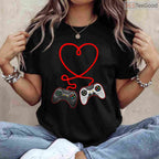 Video Gamer Valentine's Day T-Shirt with Controllers, Gaming Heart Pulse Multiplayer Shirt for Him