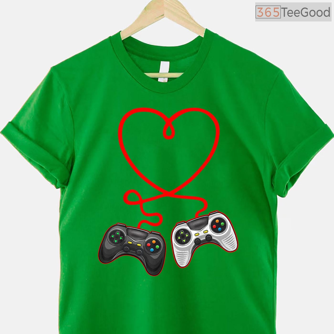 Video Gamer Valentine's Day T-Shirt with Controllers, Gaming Heart Pulse Multiplayer Shirt for Him