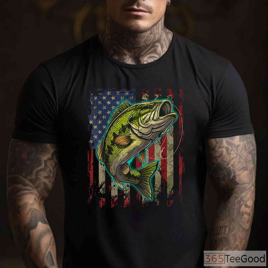 Vintage American Flag Bass Fishing Shirt, Patriotic Angler Graphic Tee