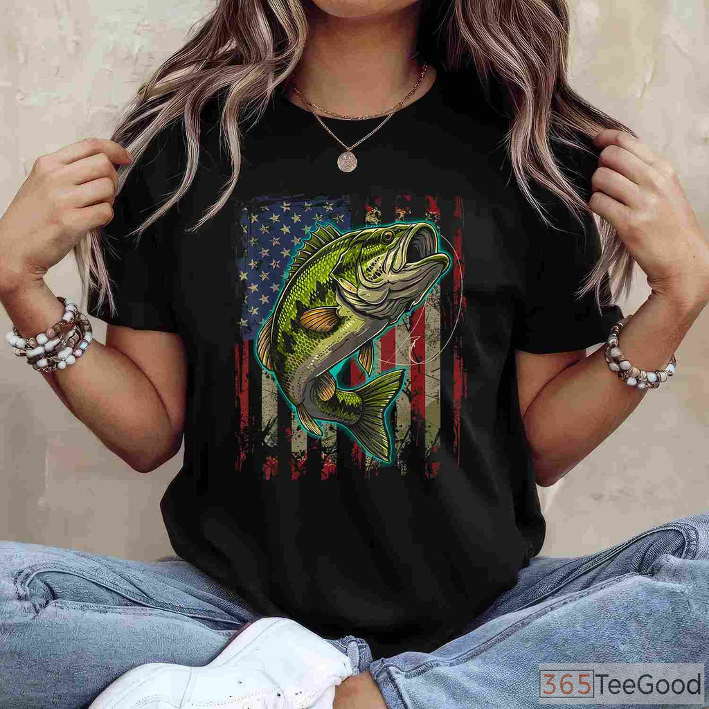Vintage American Flag Bass Fishing Shirt, Patriotic Angler Graphic Tee