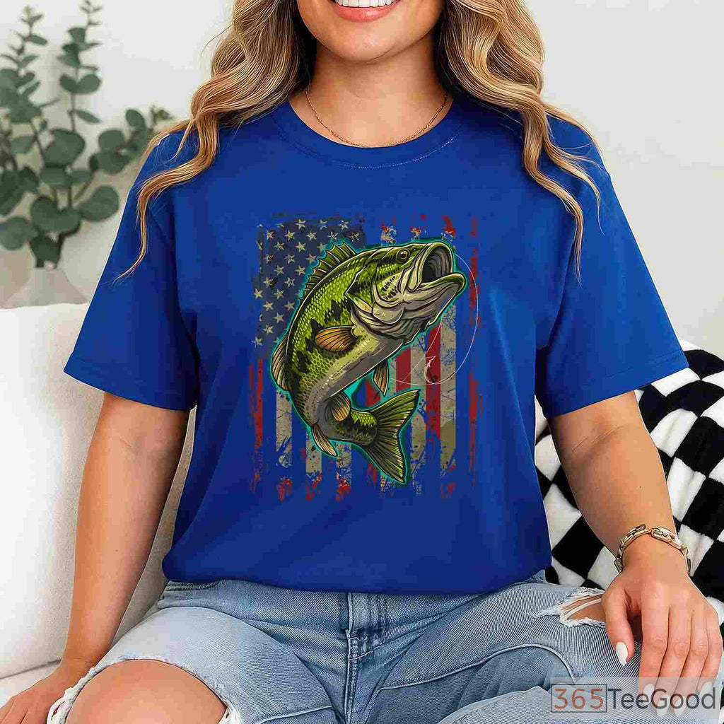 Vintage American Flag Bass Fishing Shirt, Patriotic Angler Graphic Tee