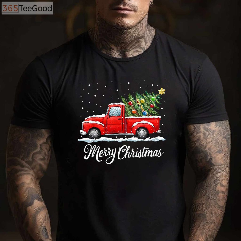 Vintage Red Truck Merry Christmas T-Shirt - Old Fashioned Xmas Tree Gift
