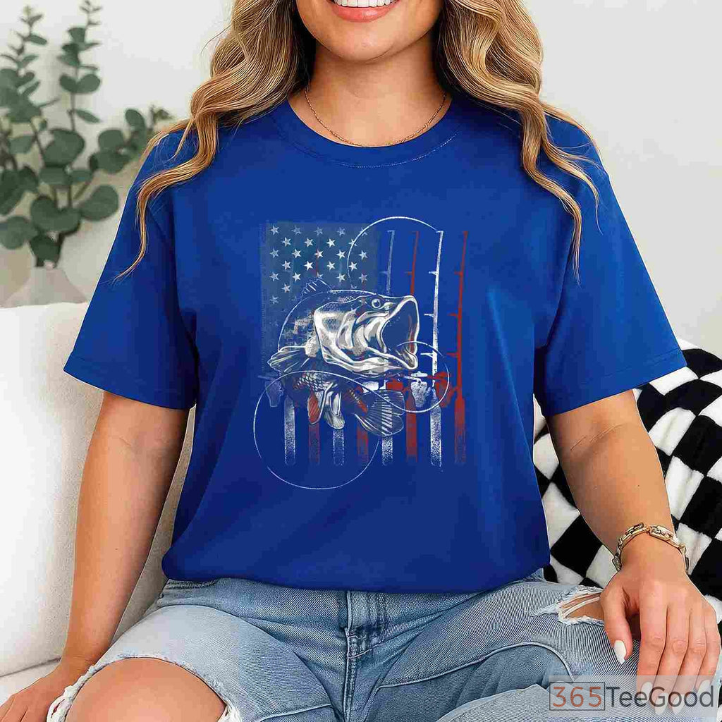 Vintage USA American Flag Fishing Shirt - Retro Bass Fisherman Patriotic Gift