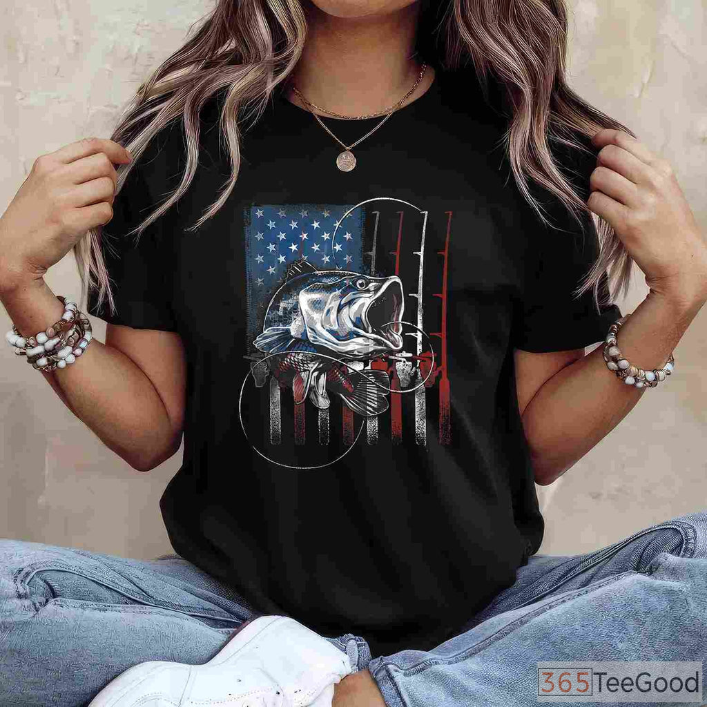 Vintage USA American Flag Fishing Shirt - Retro Bass Fisherman Patriotic Gift