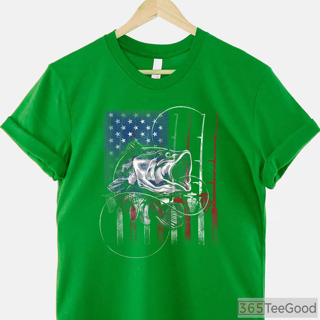 Vintage USA American Flag Fishing Shirt - Retro Bass Fisherman Patriotic Gift