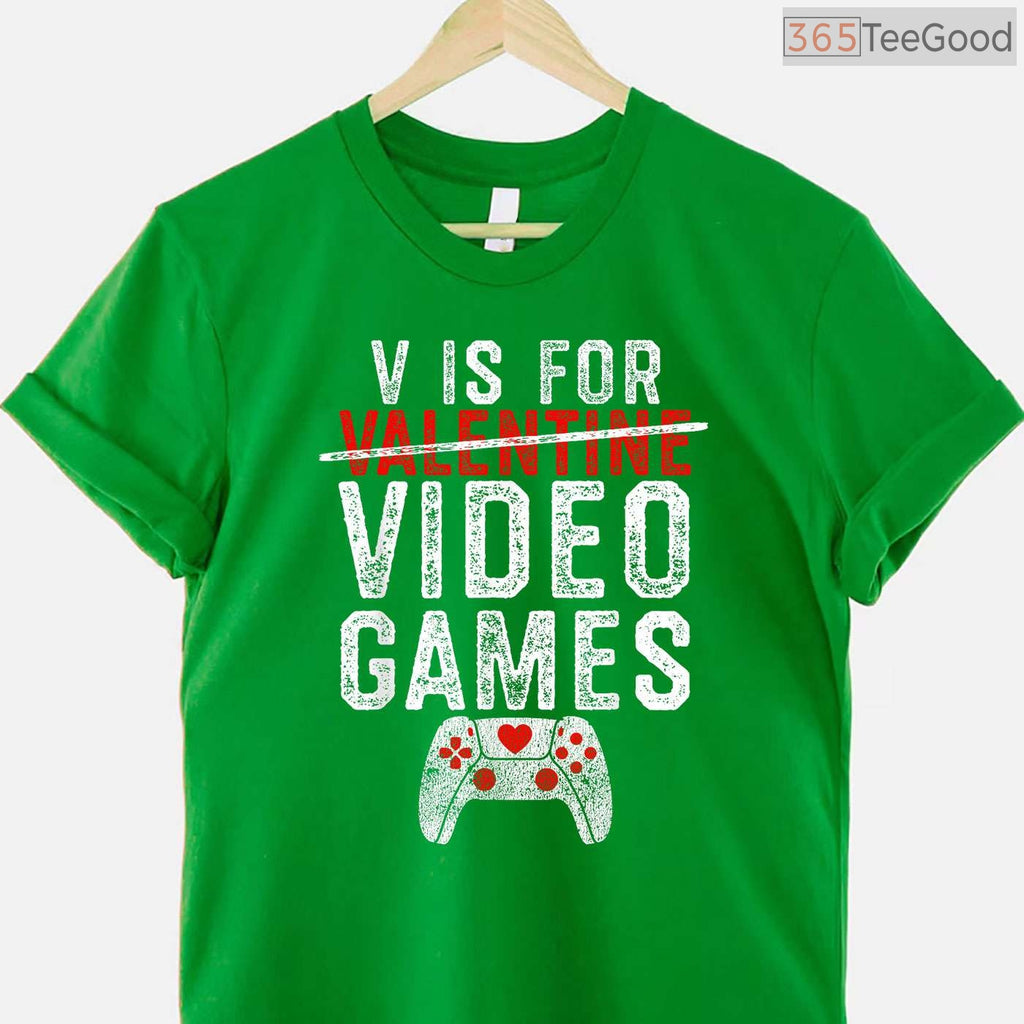 V is for Video Games Funny Valentine T-Shirt, Console Gamer Boy Level Up Love Shirt for Men Kids