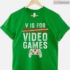 V is for Video Games Funny Valentine T-Shirt, Console Gamer Boy Level Up Love Shirt for Men Kids