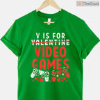 V is for Video Games Funny Gamer Valentine T-Shirt, Retro Gaming Controller Heart Shirt for Boys