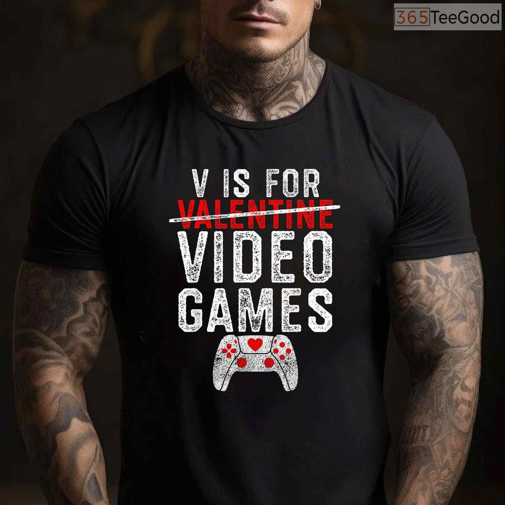 V is for Video Games Funny Valentine T-Shirt, Console Gamer Boy Level Up Love Shirt for Men Kids