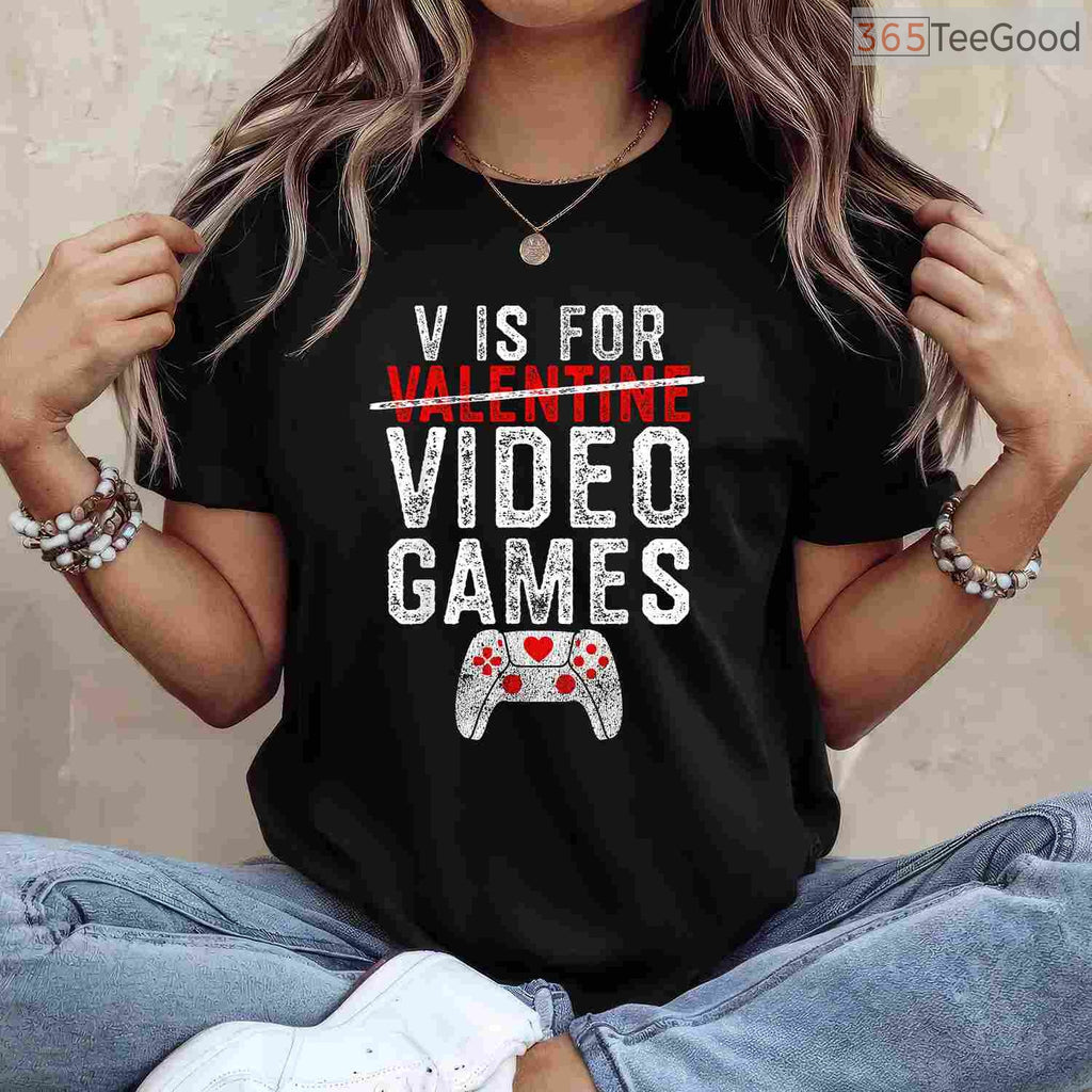 V is for Video Games Funny Valentine T-Shirt, Console Gamer Boy Level Up Love Shirt for Men Kids