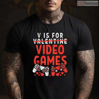 V is for Video Games Funny Gamer Valentine T-Shirt, Retro Gaming Controller Heart Shirt for Boys