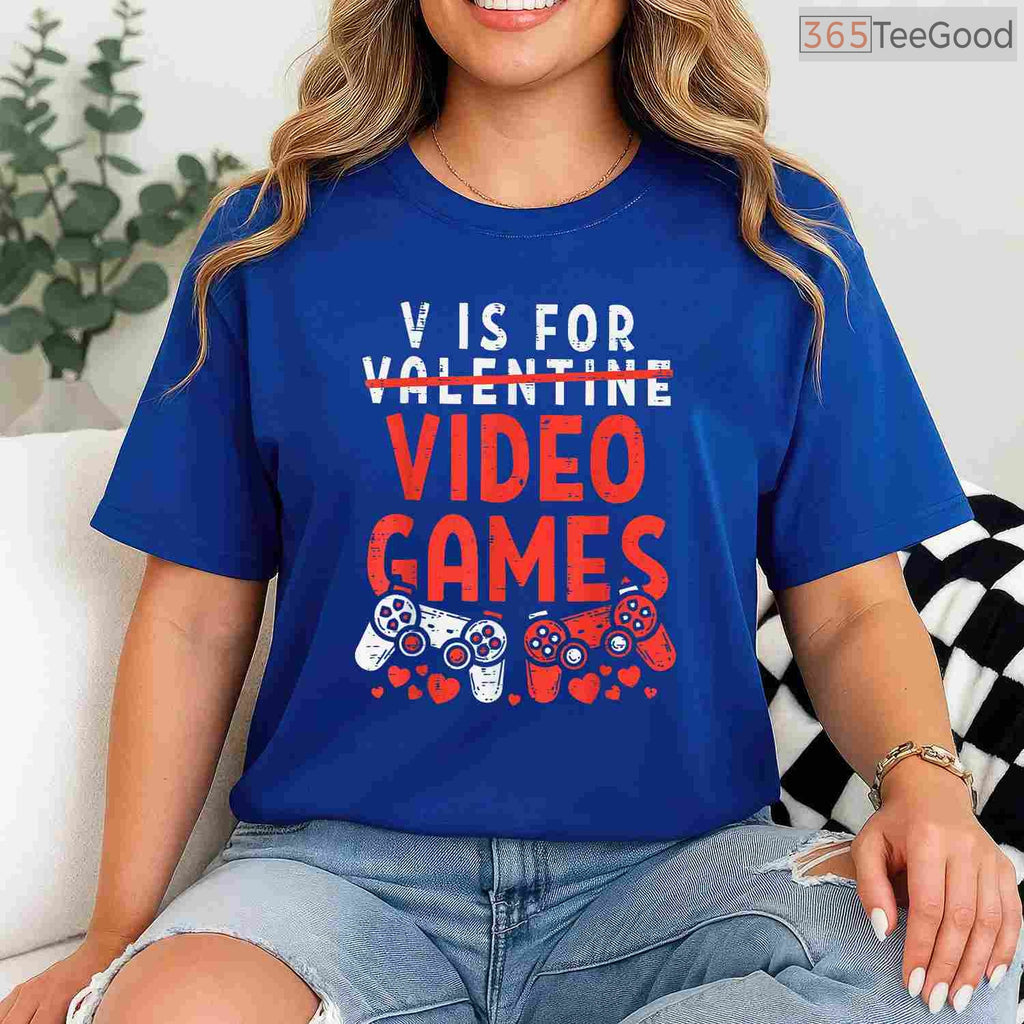 V is for Video Games Funny Gamer Valentine T-Shirt, Retro Gaming Controller Heart Shirt for Boys