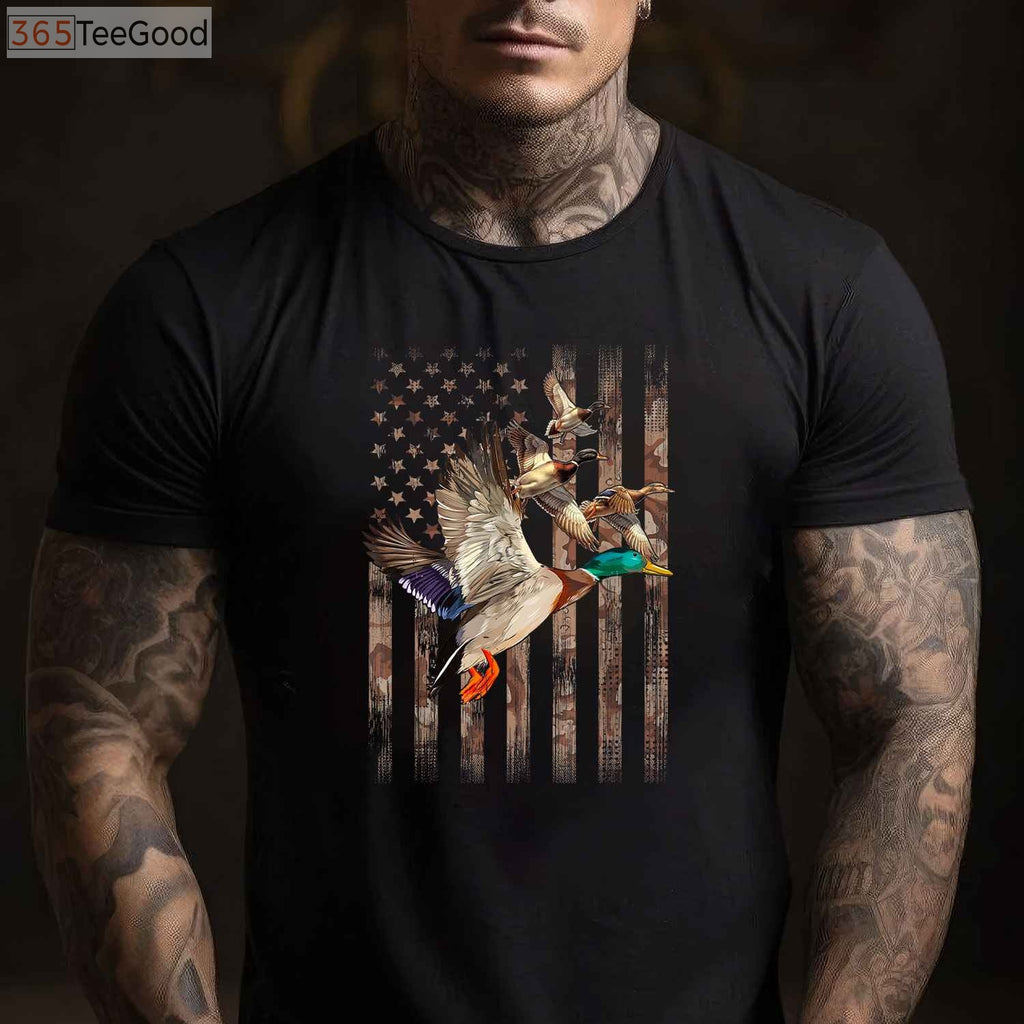 Waterfowl Duck Hunting American Flag Camo Tee, Patriotic Bird Hunter Shirt