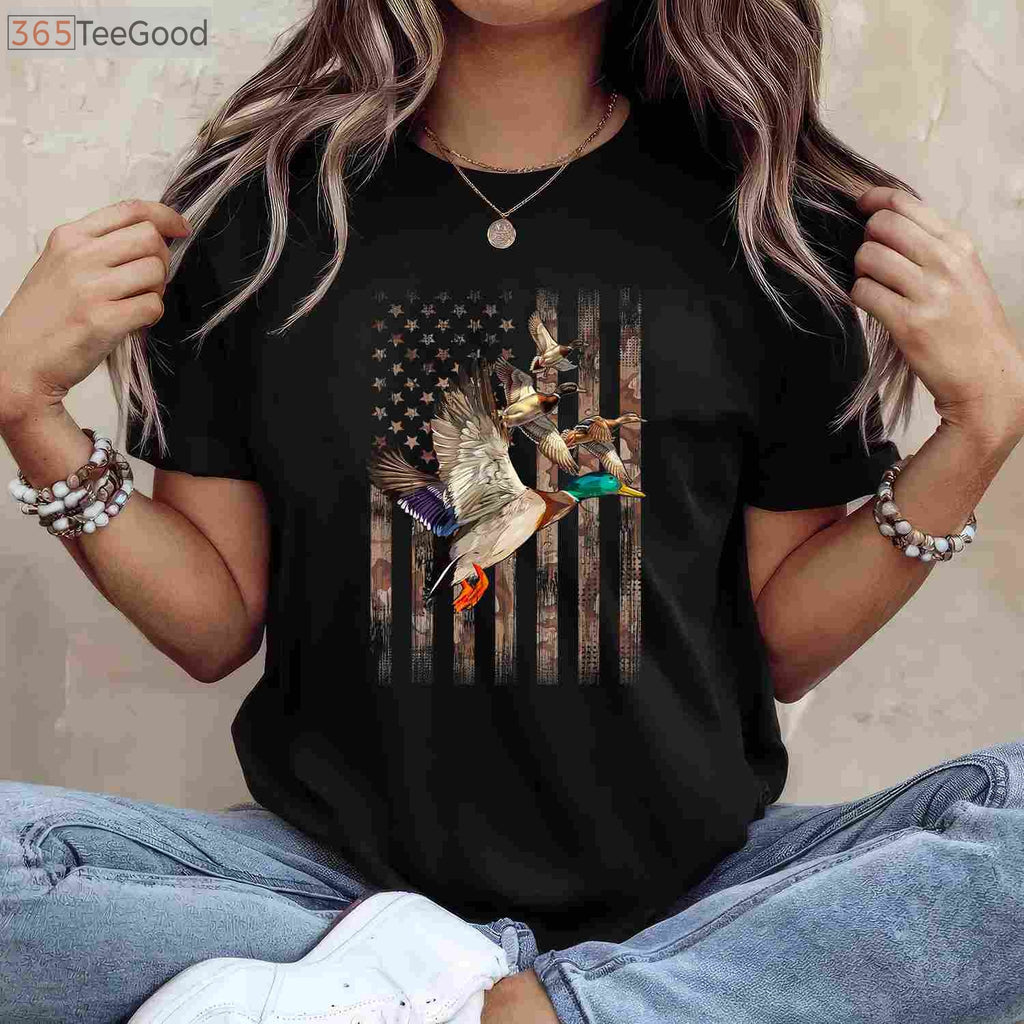Waterfowl Duck Hunting American Flag Camo Tee, Patriotic Bird Hunter Shirt