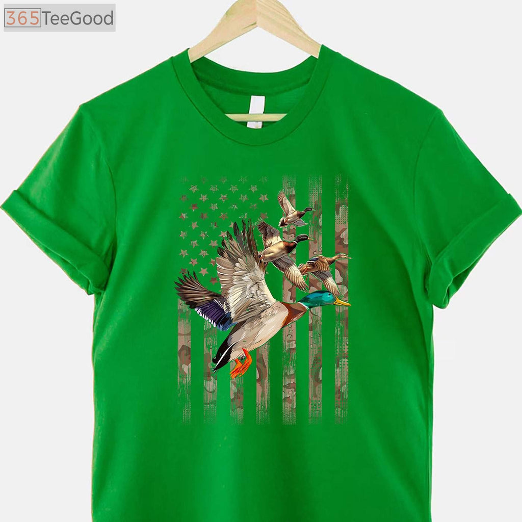 Waterfowl Duck Hunting American Flag Camo Tee, Patriotic Bird Hunter Shirt