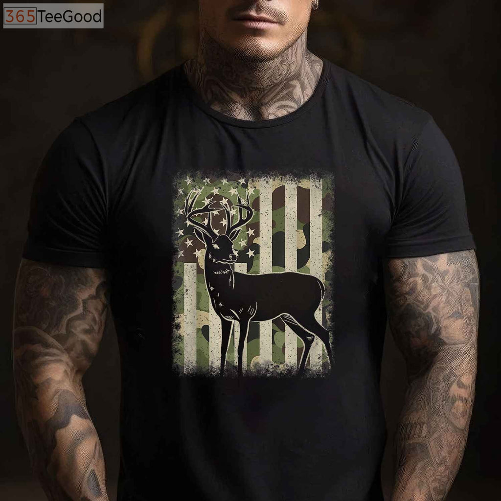 Whitetail Buck Hunting Camouflage Shirt, US Flag Patriotic Hunter Camo Tee