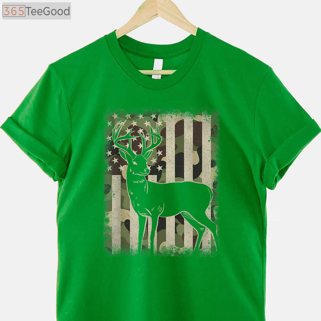 Whitetail Buck Hunting Camouflage Shirt, US Flag Patriotic Hunter Camo Tee