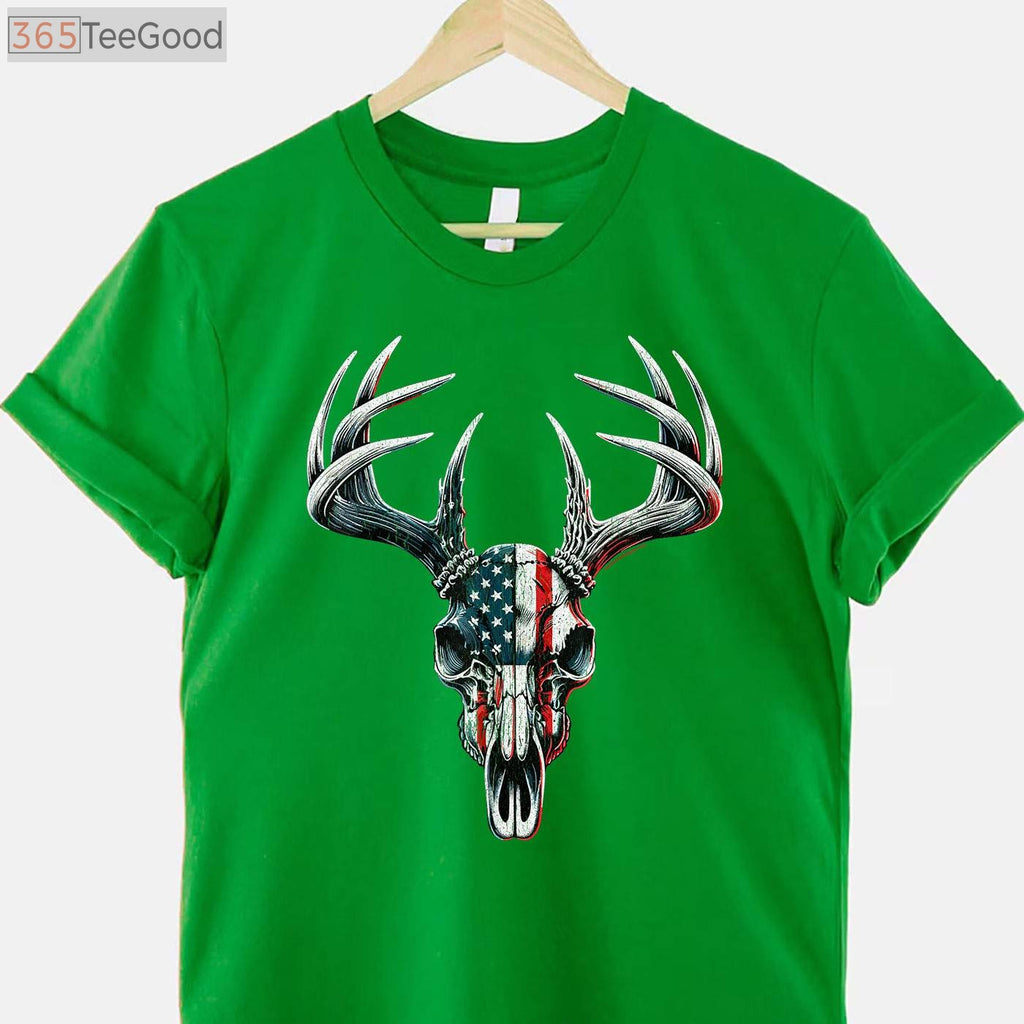 Whitetail Deer Hunting Buck Skull Shirt, Patriotic American Flag Hunter Tee