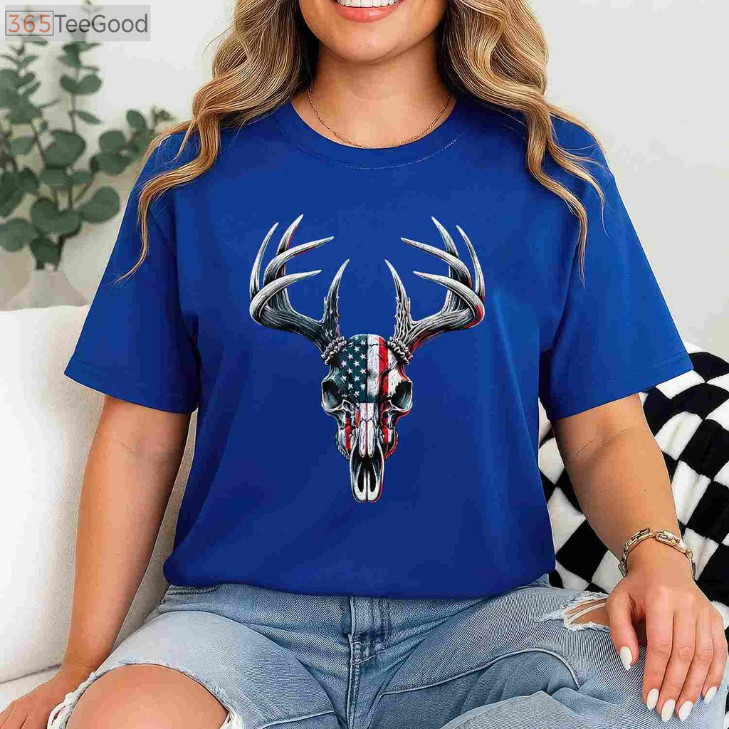 Whitetail Deer Hunting Buck Skull Shirt, Patriotic American Flag Hunter Tee