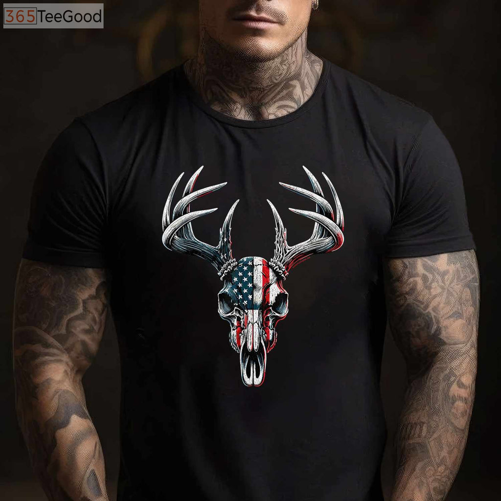Whitetail Deer Hunting Buck Skull Shirt, Patriotic American Flag Hunter Tee