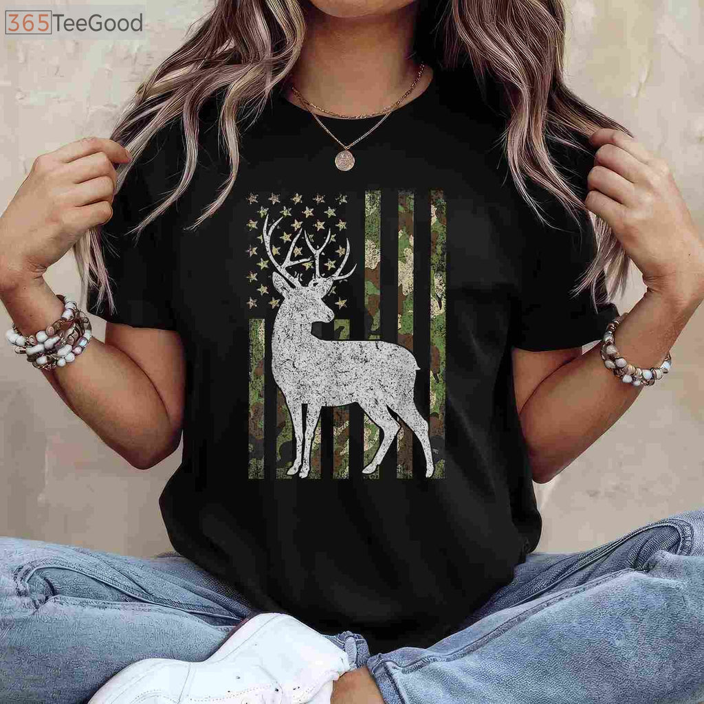 Whitetail Buck Hunting 4th of July Patriotic Shirt, USA Flag Camouflage Tee